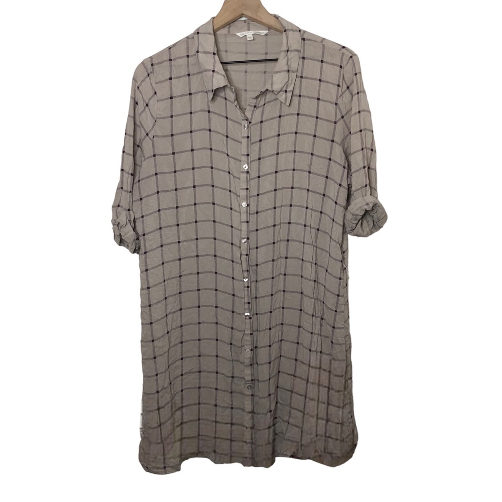 Victoria's Secret Pink Purple Plaid Button-Up 3/4 Sleeve Viscose Sleep Shirt